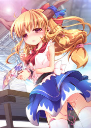 1girl ass back bare_arms blonde_hair blush book book_stack check_commentary comiket commentary_request discreet_vibrator enjoy_mix fang female_focus hair_bobbles hair_ornament horn_ornament horn_ribbon horns ibuki_suika long_hair low-tied_long_hair manga_(object) no_panties open_mouth pornography pussy_juice recursion red_eyes ribbon sex_toy shirt skirt sleeveless sleeveless_shirt solo sweat table tears thighhighs touhou turnip upskirt very_long_hair vibrator vibrator_in_thighhighs vibrator_under_clothes white_thighhighs wrist_cuffs