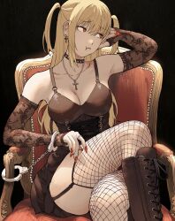 1girl :i amane_misa bare_shoulders black_background black_boots black_dress black_thighhighs blonde_hair boots breasts chair choker cleavage cross cross_earrings cross_necklace crossed_legs cuffs death_note dress earrings fishnet_thighhighs fishnets garter_straps giganticbuddha goth_fashion hair_between_eyes handcuffs highres jewelry knee_boots large_breasts long_hair looking_to_the_side nail_polish necklace pout red_eyes red_nails sitting solo thighhighs two_side_up