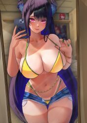 1girl absurdres asymmetrical_horns bikini black_hair blue_hair bracelet brazilian_miku brazilian_miku_(cosplay) breasts cleavage closed_mouth colored_inner_hair commentary cosplay denim denim_shorts elizabeth_rose_bloodflame english_commentary green_nails hands_up hatsune_miku highleg highleg_bikini highres holding holding_phone hololive hololive_english horns jewelry large_breasts lazik_1337 long_hair looking_at_viewer mirror_selfie mole mole_under_eye multicolored_hair nail_polish navel nerissa_ravencroft open_fly phone purple_eyes selfie shorts sidelocks slit_pupils smile solo swimsuit tan tanline uneven_horns very_long_hair virtual_youtuber vocaloid yellow_bikini yellow_nails