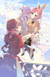 3girls alexandra_cecily black_gemstone blue_eyes blush bow breasts brown_hair cover cover_page diana_(akutsuka) dress gem genkai_ol-san_wa_akuyaku_reijou-sama_ni_tsukaetai green_eyes hair_ornament hair_ribbon highres jewelry long_hair long_sleeves manga_cover multiple_girls natori_midori official_art pink_hair ponytail red_dress ribbon shinonome_neko-tarou short_hair signature skirt smile yuri
