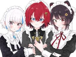 3girls :3 ange_katrina animal_ears bib_collar black_dress black_hair blue_eyes blue_gemstone blue_hair blush bow bowtie breasts bun_cover closed_mouth collared_dress colored_inner_hair commentary_request dog_ears dress flower frills gem group_picture hair_between_eyes hair_flower hair_ornament heterochromia highres holding_another&#039;s_arm inui_toko inui_toko_(7th_costume) juliet_sleeves lize_helesta lize_helesta_(9th_costume) long_bangs long_sleeves looking_at_viewer maid maid_headdress medium_hair multicolored_hair multiple_girls neck_ribbon nemui_ogi nijisanji official_alternate_costume parted_lips puffy_sleeves purple_eyes red_eyes red_hair red_ribbon ribbon sanbaka_(nijisanji) short_hair simple_background sleeve_cuffs sleeves_past_wrists small_breasts smile sweatdrop triangle_hair_ornament two-tone_hair upper_body virtual_youtuber white_background white_bow white_bowtie white_hair white_headdress x_hair_ornament yellow_eyes