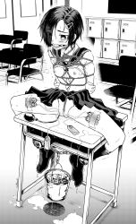 Rule 34 | 1girl, absurdres, anal beads, arms behind back, ball gag, bdsm, blush, bondage, borrowed character, bound, bound arms, breasts, breath, bucket, cameltoe, chain, chair, classroom, clothes lift, controller, crotch rope, crying, cuffs, desk, dildo, door, drooling, eudetenis, eyes visible through hair, female focus, full body, gag, gagged, greyscale, hair ornament, hair over one eye, hairclip, half-closed eyes, halftone, highres, indoors, kneehighs, locker, miniskirt, monochrome, navel, neckerchief, nipples, no bra, noose, on desk, open mouth, original, panties, pleated skirt, pussy juice, remote control, remote control vibrator, rope, sailor collar, saliva, school desk, school uniform, serafuku, sex toy, shackles, shibari, shibari over clothes, shirt lift, short hair, short sleeves, sitting, skirt, skirt lift, small breasts, socks, solo, spread legs, sweat, tape, tears, too many, too many sex toys, underwear, vibrator, vibrator cord, vibrator under clothes, wet, wet clothes, wet panties, yashima renge