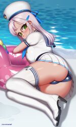 ass beret blush boots breasts commission glasses goddess_of_victory:_nikke green_eyes hat high_heel_boots high_heels highres kuroonehalf long_hair looking_at_viewer neon_(nikke) pink_innertube smile swimsuit swimsuit_under_clothes thigh_boots thighhighs thighs white_hair