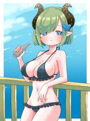 Rule 34 | 1girl, absurdres, against railing, alternate costume, alternate eye color, bikini, black bikini, blue background, blue eyes, blush, breasts, brown horns, butterfly hair ornament, cleavage, closed mouth, covered erect nipples, cowboy shot, curled horns, demon girl, demon horns, expressionless, frilled bikini, frills, green hair, hair ornament, highres, horns, islandz, large breasts, looking at viewer, lowleg, lowleg bikini, nanashi inc., pointy ears, railing, sekishiro mico, short hair, solo, swimsuit, tupet, virtual youtuber
