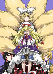 Rule 34 | 1boy, 4girls, alternate costume, alternate eye color, animal hat, blonde hair, blue eyes, blue shirt, boots, bow, brown eyes, brown footwear, cheken, choker, detached sleeves, dress, expressionless, fluffy, fox tail, frilled dress, frills, gap (touhou), glass, gloves, hair between eyes, hair bow, hair ribbon, hair tubes, hakurei reimu, hand in pocket, hat, hat ribbon, holding, kirisame marisa, long hair, long sleeves, mob cap, morichika rinnosuke, multiple girls, one eye closed, ponytail, purple background, purple dress, red eyes, ribbon, ribbon choker, shirt, short hair, sidelocks, simple background, slit pupils, smile, tail, teeth, touhou, very long hair, white gloves, white legwear, wide sleeves, yakumo ran, yakumo yukari, yakumo yukari (young), yellow eyes, zun hat