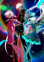 1girl 2boys :d age_difference aqua_tongue black_dress black_pants black_shirt black_shoes blue_eyes boy_vajra_(fate) bright_pupils child closed_mouth colored_skin dress earrings fate/grand_order fate_(series) from_behind game_cg girl_vajra_(fate) green_eyes grey_skin grin hair_over_one_eye indra_(fate) jewelry long_sleeves looking_at_viewer looking_back male_focus multiple_boys official_art open_mouth pako_(pakosun) pants red_eyes red_shirt red_shorts shirt shoes short_dress short_hair shorts sleeves_past_wrists smile teeth third-party_source thumb_hole_sleeves white_hair white_pupils