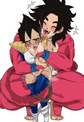 2boys black_hair blush closed_eyes dragon_ball dragon_ball_gt dragonball_z male_focus multiple_boys muscular muscular_male niusesabe nude saiyan saiyan_tail sex size_difference son_goku stomach_bulge super_saiyan super_saiyan_4 tail tears tongue tongue_in_ear tongue_out torn_clothes vegeta yaoi