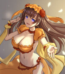1girl breasts brown_hair chagara cleavage dancer fate/grand_order fate_(series) groin large_breasts long_hair mata_hari_(fate) midriff navel revealing_clothes solo tagme