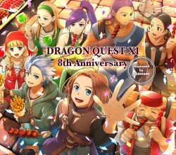 Rule 34 | 3girls, 5boys, :d, androgynous, anniversary, asymmetrical bangs, bead necklace, beads, belt, black eyes, black shorts, black sports bra, blonde hair, blue eyes, blue hair, blue tabard, braid, brown hair, bustier, camus (dq11), candy apple, checkered clothes, commentary request, confetti, copyright name, cross-laced clothes, cross-laced dress, dragon quest, dragon quest xi, dress, earrings, eating, everyone, facial hair, fez hat, food, french fries, from above, fruit, grandfather and grandson, green belt, green bustier, green dress, green hairband, green tunic, greig (dq11), hair pulled back, hair slicked back, hairband, hat, hero (dq11), high ponytail, highres, holding, holding food, hoop earrings, jewelry, koshi (meermisa), long hair, looking to the side, looking up, low twin braids, martina (dq11), medium hair, multiple boys, multiple girls, mustache, necklace, o-ring, o-ring top, open mouth, parted hair, ponytail, purple eyes, purple facial hair, purple hair, purple tunic, reaching, reaching towards viewer, red dress, red hat, red vest, row (dq11), senya (dq11), shish kebab, short hair, shorts, siblings, sisters, smile, sparkle, sphere earrings, spiked hair, sports bra, strawberry, striped clothes, stud earrings, sylvia (dq11), tabard, tockle (dq11), tunic, twin braids, twins, veronica (dq11), vest, white facial hair