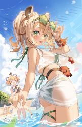 3girls ahoge ass beach bikini bikini_under_clothes black_hair blonde_hair blue_bikini blue_sky breasts cloud crop_top crossed_bangs day dooby_(vtuber) double-parted_bangs green-tinted_eyewear green_bikini green_eyes hair_between_eyes highres holding holding_phone indie_virtual_youtuber kuri_(animejpholic) large_breasts looking_at_another looking_at_viewer mouse_girl multicolored_hair multiple_girls nimi_nightmare nimi_nightmare_(lifeguard) ocean official_alternate_costume official_alternate_hairstyle outdoors phone ponytail sameko_saba sarong see-through_clothes see-through_sarong see-through_tank_top short_hair sky streaked_hair sunglasses swimsuit tank_top tapir_girl thigh_strap tinted_eyewear virtual_youtuber wading whistle whistle_around_neck white_sarong white_tank_top