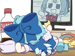 1girl absurdres ahoge bag_of_chips blue_bow blue_dress blue_hair blue_shoes bottle bow cirno cola dress fairy fumo_(doll) hair_bow highres ice ice_wings indoors kame_(kamepan44231) shirt shoes short_hair short_sleeves solo television touhou white_shirt wings