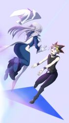 1boy 1girl black_choker black_shirt blonde_hair blue_dress blush choker dress duel_monster gloves grey_hair hat highres hip_vent long_hair multicolored_hair muto_yugi purple_eyes shirt silent_magician tabard white_gloves white_hat white_tabard wizard_hat yarusenakikana5 yu-gi-oh!