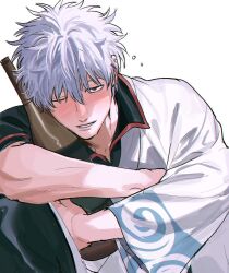 Rule 34 | 1boy, black pants, black shirt, blush, bottle, commentary request, drunk, gintama, grey hair, hadanugi dousa, hair between eyes, highres, holding, holding bottle, hugging object, japanese clothes, kimono, long sleeves, looking at viewer, male focus, messy hair, one eye closed, open kimono, pants, parted lips, red eyes, sakata gintoki, shirt, short hair, short sleeves, sitting, sleepy, smile, solo, squeans, white background, white kimono, wide sleeves, wine bottle, ww034518297