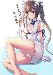 Rule 34 | 1girl, absurdres, arm support, artist name, bare shoulders, barefoot, black hair, blue bow, blue bowtie, blue ribbon, bow, bowtie, breasts, cleavage, cleavage cutout, closed mouth, clothing cutout, commentary request, dress, dungeon ni deai wo motomeru no wa machigatteiru darou ka, feet out of frame, gloves, gradient background, hair ornament, hestia (danmachi), highres, long hair, looking at viewer, medium breasts, panties, pantyshot, rei no himo, ribbon, short dress, sitting, sleeveless, sleeveless dress, smile, solo, translation request, twintails, underwear, white background, white dress, white gloves, white panties, yami anko