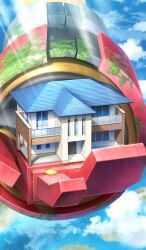architecture blue_sky cloud commentary fate/grand_order fate_(series) house in_palm lasengle light_rays moss no_humans official_art outdoors sky still_life third-party_source