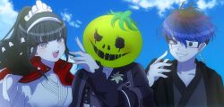 1boy 2girls black_hair blue_eyes blue_hair blue_sky blush cloud collarbone earrings eyepatch face_piercing fingerless_gloves gloves grey_eyes hair_between_eyes highres japanese_clothes jewelry lip_piercing long_hair looking_at_viewer magadori_kyoshika mask mask_on_head multicolored_hair multiple_girls omokage_yugamu one_eye_covered oosuzuki_kurara outdoors piercing ponytail sky the_hundred_line_-last_defense_academy- tomato tongue upper_body