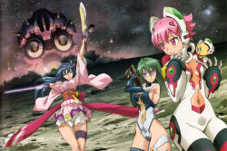 00s 3girls absurdres blue_hair covered_erect_nipples green_eyes highres kabashima_yousuke kannagi_itsuki multiple_girls nerval shishidou_akiha shishidou_imoko shishidou_takane sora_wo_kakeru_shoujo thighhighs