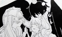3girls absurdres bare_shoulders blood blood_on_face blood_on_mouth covered_eyes crying crying_with_eyes_open detached_sleeves dress earrings feather_hair feathered_wings feathers frilled_ribbon frills frog_hair_ornament hair_between_eyes hair_ornament hair_ribbon hat highres jewelry kagiyama_hina kochiya_sanae long_hair long_sleeves looking_at_another medium_hair monochrome multiple_girls open_mouth pointy_ears pom_pom_(clothes) ribbon scarf shameimaru_aya shirt short_hair simple_background sleeveless sleeves_past_wrists smile snake_hair_ornament sweat sweatdrop tears tengu thumbs_up tokin_hat touhou traditional_media white_background whoru wings