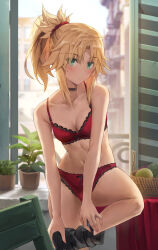 1girl backlighting blonde_hair blurry blurry_background boots bra breasts building choker commentary_request fate/grand_order fate_(series) green_eyes highres looking_at_viewer medium_breasts medium_hair mordred_(fate) navel panties plant ponytail red_bra red_panties sidelocks sitting solo tonee underwear underwear_only window