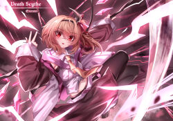 Rule 34 | 1girl, absurdres, alternate costume, artist name, black hairband, black jacket, black pantyhose, blonde hair, blush, collared shirt, commentary, crystal, crystal wings, english commentary, english text, flandre scarlet, hairband, highres, holding, holding scythe, jacket, long hair, long sleeves, looking at viewer, midriff, navel, necktie, one side up, open clothes, open jacket, open mouth, pantyhose, red eyes, scythe, shirt, smile, solo, top-exerou, touhou, white shirt, wings, yellow necktie