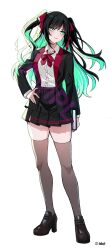 Rule 34 | 1girl, alternate costume, black hair, black jacket, black shoes, black skirt, book, bow, bowtie, cersea soulstorm, chromashift, closed mouth, collared shirt, colored inner hair, commentary request, company name, copyright name, copyright notice, full body, green eyes, grey hair, grey thighhighs, hair ribbon, hand on own hip, high heels, highres, holding, holding book, jacket, jose (unknownshuriken), loafers, long hair, long sleeves, looking at viewer, looking to the side, mole, mole under mouth, multicolored hair, official art, open clothes, open jacket, pleated skirt, red bow, red bowtie, ribbon, sample watermark, school uniform, shirt, shoes, simple background, skirt, solo, standing, thighhighs, twintails, very long hair, virtual youtuber, watermark, white background, white shirt, zettai ryouiki