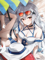 1girl anglerfish arknights bare_shoulders barefoot blue_shorts breasts cleavage eyewear_on_head fish grey_hair hat large_breasts long_hair official_alternate_costume orange-tinted_eyewear parted_lips red_eyes sand shironekoban shirt shorts skadi_(arknights) skadi_(waverider)_(arknights) solo sunglasses tinted_eyewear unworn_hat unworn_headwear very_long_hair white_hat white_shirt