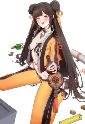 1girl absurdres bandaid_on_stomach bb_aa black_survival bottle brown_hair bruce_lee&#039;s_jumpsuit coin double_bun drunk eternal_return:_black_survival hair_bun highres jacket jumpsuit li_dailin pants solo yellow_eyes yellow_jacket yellow_jumpsuit yellow_pants