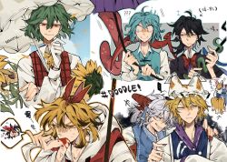 6+girls ? ?? ahoge ascot bishamonten&#039;s_pagoda blonde_hair blue_eyes blue_hair bow bowtie commentary_request english_text flower green_hair grey_hair hat heterochromia highres horns houjuu_nue iampenguinj karakasa_obake kazami_yuuka kijin_seija multiple_girls pointy_ears purple_umbrella red_bow red_bowtie red_eyes red_horns sheep_horns short_hair snake speech_bubble sunflower tatara_kogasa toramaru_shou touhou toutetsu_yuuma translation_request umbrella upper_body v-shaped_eyebrows white_hat white_umbrella yakumo_ran yellow_ascot yellow_eyes