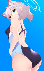 1girl absurdres animal_ear_fluff animal_ears ass back blue_archive blue_background blue_eyes blue_halo blue_one-piece_swimsuit breasts commentary_request competition_swimsuit cross_hair_ornament double-parted_bangs ear_piercing from_behind from_below gradient_background grey_hair hair_between_eyes hair_intakes hair_ornament halo highres looking_at_viewer medium_hair mismatched_pupils one-piece_swimsuit piercing ponytail sankakkee shiroko_(blue_archive) shiroko_(swimsuit)_(blue_archive) sidelocks simple_background small_breasts solo swimsuit turning_head wolf_ears