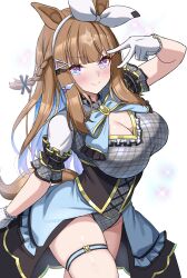1girl adapted_costume almond_eye_(umamusume) animal_ears black_corset blue_bow blue_bowtie blue_eyes blue_hair blue_overskirt blush bow bowtie braid breasts brown_hair cleavage cleavage_cutout closed_mouth clothing_cutout colored_inner_hair commentary_request corset cowboy_shot cross-shaped_pupils frilled_leotard frills gloves gold_trim grey_leotard hair_between_eyes hair_bow hair_ornament hand_up highres horse_ears horse_girl horse_tail kibihimi large_breasts leotard looking_at_viewer multicolored_hair plaid_clothes plaid_leotard short_sleeves showgirl_skirt side_braid simple_background skindentation smile solo symbol-shaped_pupils tail thigh_strap thighs too_many_hair_ornaments trailblazer_bash!_(umamusume) twintails umamusume v v_over_eye white_background white_gloves