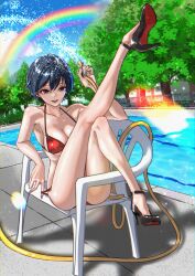 Rule 34 | 1girl, bikini, black hair, black shoes, blue sky, breasts, cleavage, cloud, commentary, day, deathklovc, english commentary, full body, high heels, highres, hose, medium breasts, monobloc (chair), original, outdoors, pool, purple eyes, rainbow, red bikini, shoes, short hair, sitting, sky, solo, swimsuit, tree