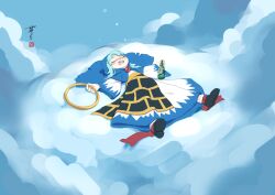 1girl ay606078 black_shoes blue_cape blue_hair blue_hood blush bottle buddhist_nun cape closed_eyes commentary dress english_commentary highres holding holding_bottle hood hooded_cape hoop kesa kumoi_ichirin long_hair long_sleeves lying on_back open_mouth outstretched_arms shoes signature sleeping smile solo spread_arms touhou translation_request wide_sleeves