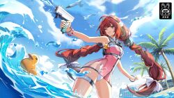1girl animal_ears braid breasts closed_mouth eyewear_on_head floating_hair green_eyes heart heart-shaped_eyewear highres holding holding_water_gun long_hair low_twin_braids low_twintails medium_breasts official_alternate_costume one-piece_swimsuit one_eye_closed outdoors pink_one-piece_swimsuit red_hair rubber_duck second-party_source smile solo swimsuit thigh_strap twin_braids twintails two-tone_one-piece_swimsuit ukinami_yuzuha ukinami_yuzuha_(tanuki_in_broad_daylight) very_long_hair water_gun zenless_zone_zero