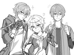 3boys aether_(genshin_impact) caelus_(honkai:_star_rail) coat fingerless_gloves genshin_impact gloves greyscale heart highres honkai:_star_rail honkai_(series) long_sleeves monochrome multiple_boys simple_background thumbs_up trailblazer_(honkai:_star_rail) upper_body v white_background wise_(zenless_zone_zero) youth_500 zenless_zone_zero
