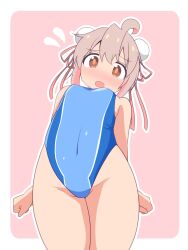 Rule 34 | 1girl, :o, ahoge, bare arms, bare legs, bare shoulders, blush, breasts, brown eyes, bun cover, commentary, competition swimsuit, covered navel, cowboy shot, double bun, flying sweatdrops, hair bun, hair ribbon, highres, looking at viewer, nose blush, one-piece swimsuit, onii-chan wa oshimai!, open mouth, outline, oyama mahiro, pink background, pink hair, red ribbon, ribbon, simple background, small breasts, solo, swimsuit, unkimo, white outline