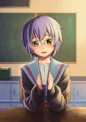 Rule 34 | 1girl, absurdres, blue sailor collar, book, brown cardigan, brown eyes, cardigan, chalkboard, commentary request, glasses, highres, holding, holding book, indoors, kita high school uniform, long sleeves, looking at viewer, nagato yuki, nagato yuki-chan no shoushitsu, open cardigan, open clothes, open mouth, purple hair, red ribbon, ribbon, sailor collar, school uniform, serafuku, short hair, smile, solo, summeryuma, suzumiya haruhi no shoushitsu, suzumiya haruhi no yuuutsu, table, upper body
