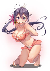 10s 1girl absurdres adjusting_bra adjusting_clothes aged_up ahoge akebono_(kancolle) alternate_breast_size alternate_costume angry arms_behind_back bad_feet bell blush bra breasts colored_eyelashes female_focus flower full_body hair_bell hair_between_eyes hair_flower hair_ornament highres jingle_bell kantai_collection kneeling long_hair looking_at_viewer navel on_one_knee open_mouth panties pink_bra pink_panties purple_eyes purple_hair side_ponytail simple_background solo splish stomach tears teeth toes underwear underwear_only upper_teeth_only very_long_hair white_background
