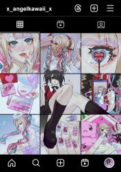 1girl 1other ;d absurdres ame-chan_(needy_girl_overdose) arm_up bandaged_leg bandages black_eyes black_socks blonde_hair blood bloody_bandages blue_nails blue_serafuku blunt_bangs bow character_doll chest_bow chouzetsusaikawa_tenshi-chan cloud cloudy_sky colored_tips diagonal_bangs doll dripping eyeshadow fake_screenshot fake_transparency glitch hair_bow hair_ribbon hair_salon halo hand_on_own_face headband heart heart-shaped_pupils highres holding holding_phone holographic_clothing implied_self-harm knee_up knees_together_feet_apart leaning_back leotelier lipstick looking_at_viewer makeup makeup_palette multicolored_hair multicolored_nails multiple_hair_bows multiple_views nail_polish neck_ribbon needy_girl_overdose one_eye_closed open_mouth outdoors outside_border own_hands_together phone pien_cat_(needy_girl_overdose) platform_sandals quad_tails red_eyes red_nails ribbon sandals school_uniform selfie serafuku short_twintails sitting skirt sky smile socks solo suspender_skirt suspenders symbol-shaped_pupils taking_picture thigh_cutting tiktok twintails v white_hair wrist_cutting