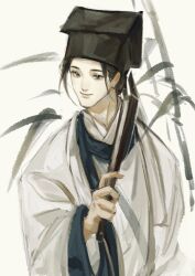 111218422 1boy absurdres bamboo black_eyes black_hair black_hat chinese_clothes chinese_commentary closed_mouth dao_gui_yi_xian faux_traditional_media folded_fan folding_fan hand_fan hanfu hat hat_ribbon highres holding holding_fan ink_wash_painting jin_(headwear) long_hair long_sleeves looking_at_viewer male_focus ribbon robe simple_background smile solo updo upper_body white_background white_hanfu wide_sleeves zhouzi_jin_(headwear) zhuge_yuan