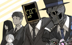 2girls 6+boys alloc_(project_moon) anger_vein arm_on_another&#039;s_shoulder bada_(project_moon) black_hair bono_(project_moon) collared_shirt dalloc_(project_moon) earrings formal_clothes grey_hair hair_over_eyes hat helm helmet hokma_(project_moon) jewelry kankan33333 kaomoji lens library_of_ruina long_hair martina_(project_moon) monocle monocle_chain multiple_boys multiple_girls necktie nemo_(project_moon) open_mouth pluto_(project_moon) project_moon screen serious shirt short_hair simple_background skeleton suit white_background white_shirt yellow_background