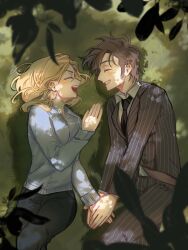 Rule 34 | 1boy, 1girl, black jacket, black pants, blonde hair, blue jacket, blush, brown hair, chinese commentary, closed eyes, collared shirt, commentary request, doctor who, facing another, hand grab, highres, huan-ye, jacket, laughing, long sleeves, lying, on back, on grass, outdoors, pants, pinstripe jacket, pinstripe pants, pinstripe pattern, rose tyler, shirt, short hair, smile, suit jacket, tenth doctor (doctor who), the doctor (doctor who), white shirt, zipper