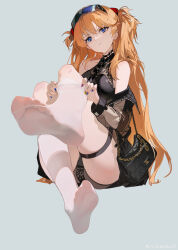 Rule 34 | 1girl, absurdres, adjusting clothes, adjusting legwear, bag, black choker, black dress, black panties, blue eyes, blue nails, breasts, brown jacket, chinese commentary, choker, closed mouth, commentary request, dress, eyewear on head, feet, foot focus, foreshortening, grandia lee, hair between eyes, hairpods, head tilt, heart, heart o-ring, highres, interface headset (evangelion), jacket, long hair, long sleeves, looking at viewer, medium breasts, multicolored nails, necktie, neon genesis evangelion, no shoes, o-ring, o-ring choker, off shoulder, open clothes, open jacket, orange hair, panties, pantyshot, pink nails, shoulder bag, simple background, sitting, skindentation, sleeveless, sleeveless dress, soles, solo, souryuu asuka langley, sunglasses, thigh strap, thighhighs, toes, underwear, very long fingernails, very long hair, white thighhighs, yellow nails