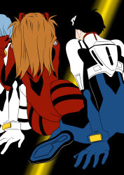 1boy 2girls absurdres ass ass_press ayanami_rei back between_legs black_hair blue_hair blush bodysuit breasts brown_hair curvy grabbing_another&#039;s_leg hair_ornament hetero highres huge_ass ikari_shinji interface_headset_(evangelion) long_hair mecha_pilot_suit multiple_girls neon_genesis_evangelion plugsuit_(evangelion) red_bodysuit short_hair simple_background sitting sitting_on_person skin_tight souryuu_asuka_langley sweat two_side_up yuutaku