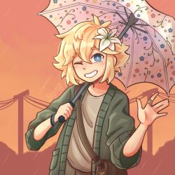 1boy alternate_costume antenna_hair artist_name bandaid bandaid_on_finger basil_(faraway)_(omori) basil_(omori) blonde_hair blue_eyes blush bright_pupils flower grin hair_flower hair_ornament highres holding holding_umbrella looking_at_viewer male_focus omori outdoors parted_lips power_lines shirt short_hair short_sleeves shxro524 smile solo sunset t-shirt teeth umbrella white_pupils