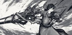 Rule 34 | 1boy, arm mounted weapon, armor, artist name, cape, centuria (manga), ctqnue, dated, dust cloud, facial mark, gauntlets, knight, lukas (centuria), monochrome, polearm, sheath, solo, spear, transformation, weapon
