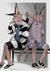 2boys animal_ear_fluff animal_ears arm_behind_head artist_name belt blue_shorts border brown_fur cat_ears cat_tail collared_shirt cross cross_necklace full_body furry furry_male grey_background grey_shirt hand_on_own_chin highres jewelry male_focus multiple_boys necklace on_bench original raku_(ff_zw7) red_eyes sandals shirt shorts simple_background sitting slit_pupils striped_clothes tail white_border
