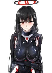 1girl asao_(asaomm12345) black_bodysuit black_hair blue_archive bodysuit breasts closed_mouth commentary_request covered_navel hair_ornament hairclip halo impossible_bodysuit impossible_clothes large_breasts long_hair long_sleeves looking_at_viewer official_alternate_costume red_eyes rio_(blue_archive) rio_(bodysuit)_(blue_archive) simple_background skin_tight smile solo white_background
