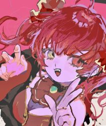 1girl black_jacket breasts heterochromia highres hololive houshou_marine jacket medium_breasts open_mouth red_eyes red_hair sawaragi_kuma simple_background solo twintails upper_body v virtual_youtuber watermark yellow_eyes