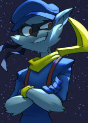 1boy animal_ears bigdad blue_hat blue_shirt commentary crossed_arms english_commentary furry furry_male grey_fur grin hat looking_to_the_side masked night night_sky raccoon_boy raccoon_ears shirt sky sly_cooper sly_cooper_(series) smile star_(sky) starry_sky weapon weapon_on_back