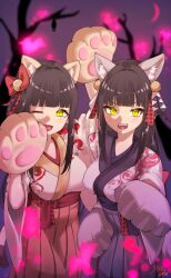 Rule 34 | 2girls, absurdres, alternate costume, animal ears, animal hands, black hair, breasts, cat ears, commentary request, fake animal ears, fangs, gloves, hair ornament, halloween, halloween costume, highres, hinoa, japanese clothes, kimono, large breasts, long hair, looking at viewer, minoto, mocha mh, monster hunter (series), monster hunter rise, multiple girls, one eye closed, open mouth, paw gloves, paw pose, siblings, sisters, smile, twins, yellow eyes